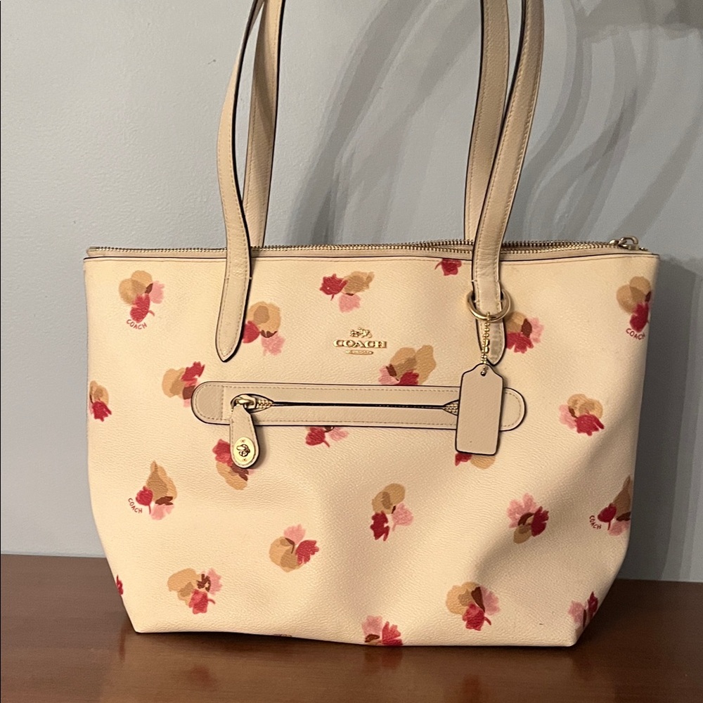 Coach Beige Tote with Floral Accents